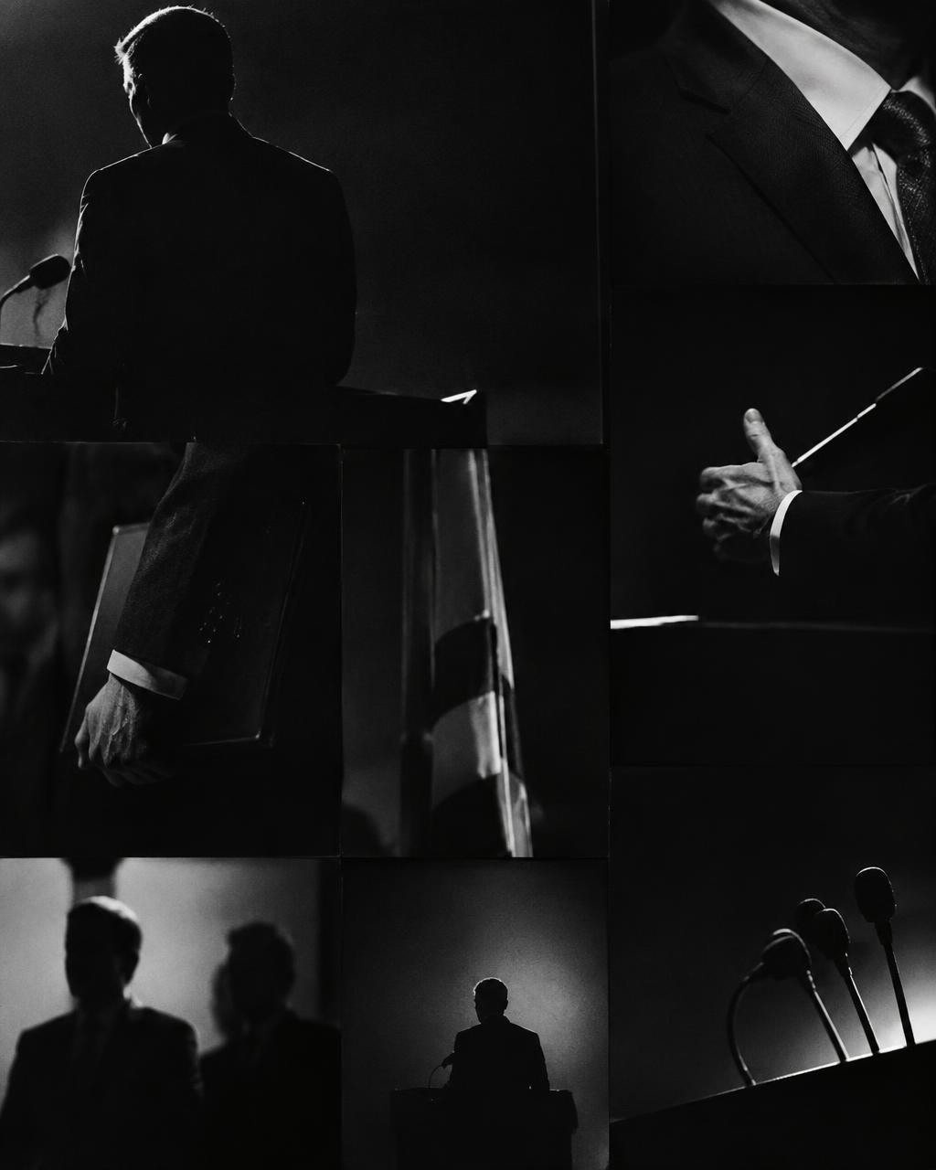 Monochrome editorial collage of anonymous statesmen at podiums